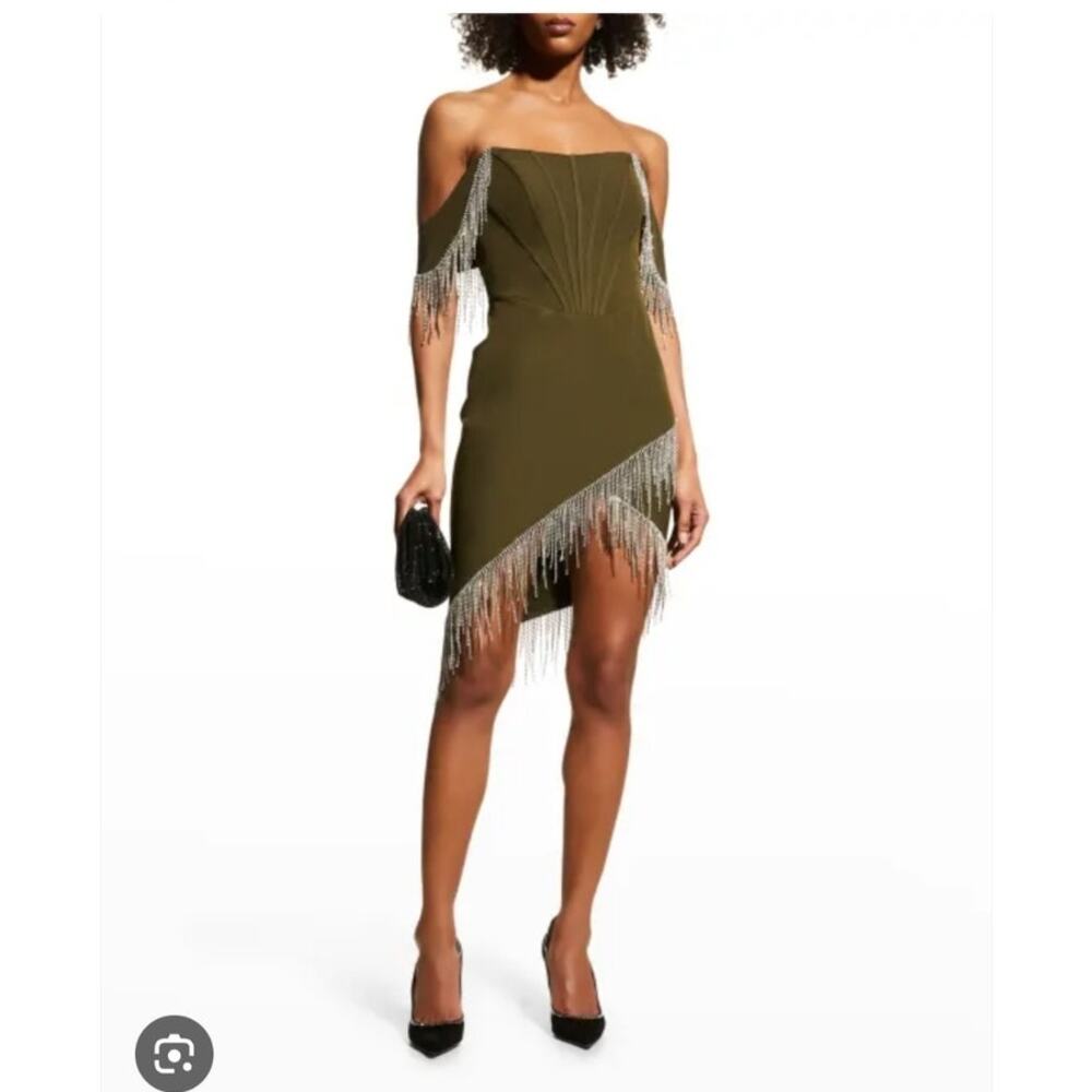 Lavish Alice Bardot Corset Mini Dress Beaded Fringe 8 Prom Swiftie Bling Khaki - Picture 4 of 13